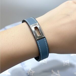 Hermes Kelly Blue Leather Bracelet with Silver Detail